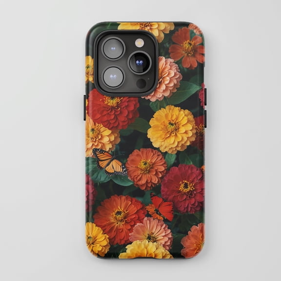 Monarch Butterfly Zinnia Flowers For All iPhone Series Protective Phone Case Botanical Garden Multi-color Dark Green