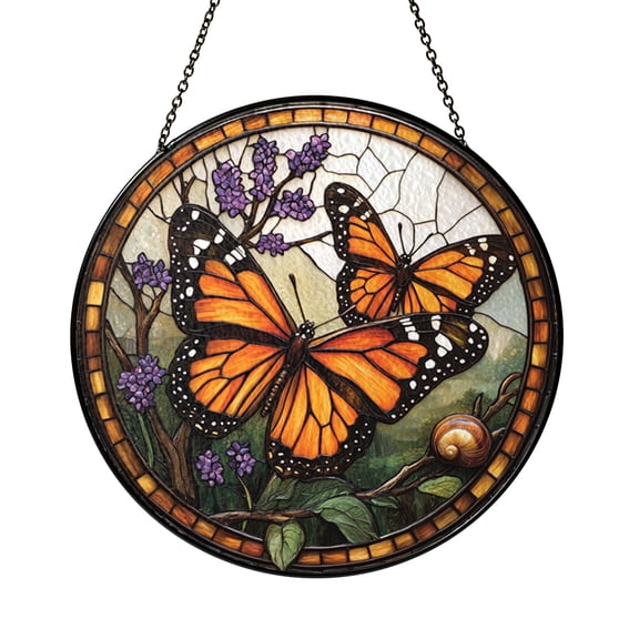 Monarch Butterfly with Lavender Stained Glass Style Suncatcher Window Decor, Cottage Art Ornament