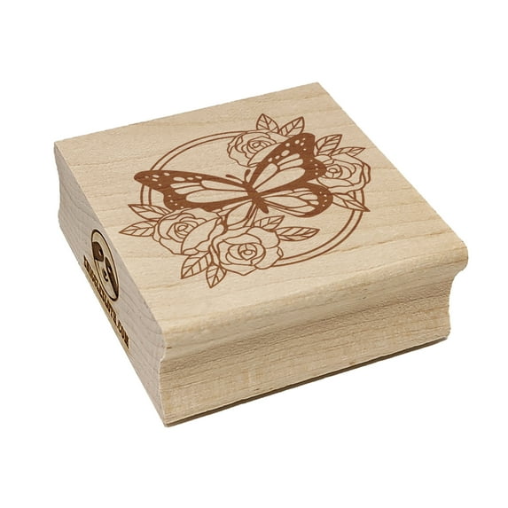 Monarch Butterfly with Roses in Circle Frame Square Rubber Stamp Stamping Scrapbooking Crafting - Small 1.25in