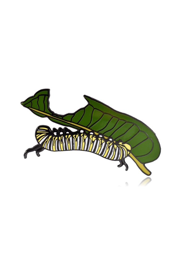Monarch Caterpillar Eating Leaf Hard Enamel Lapel Pin | Clayton Jewelry Labs