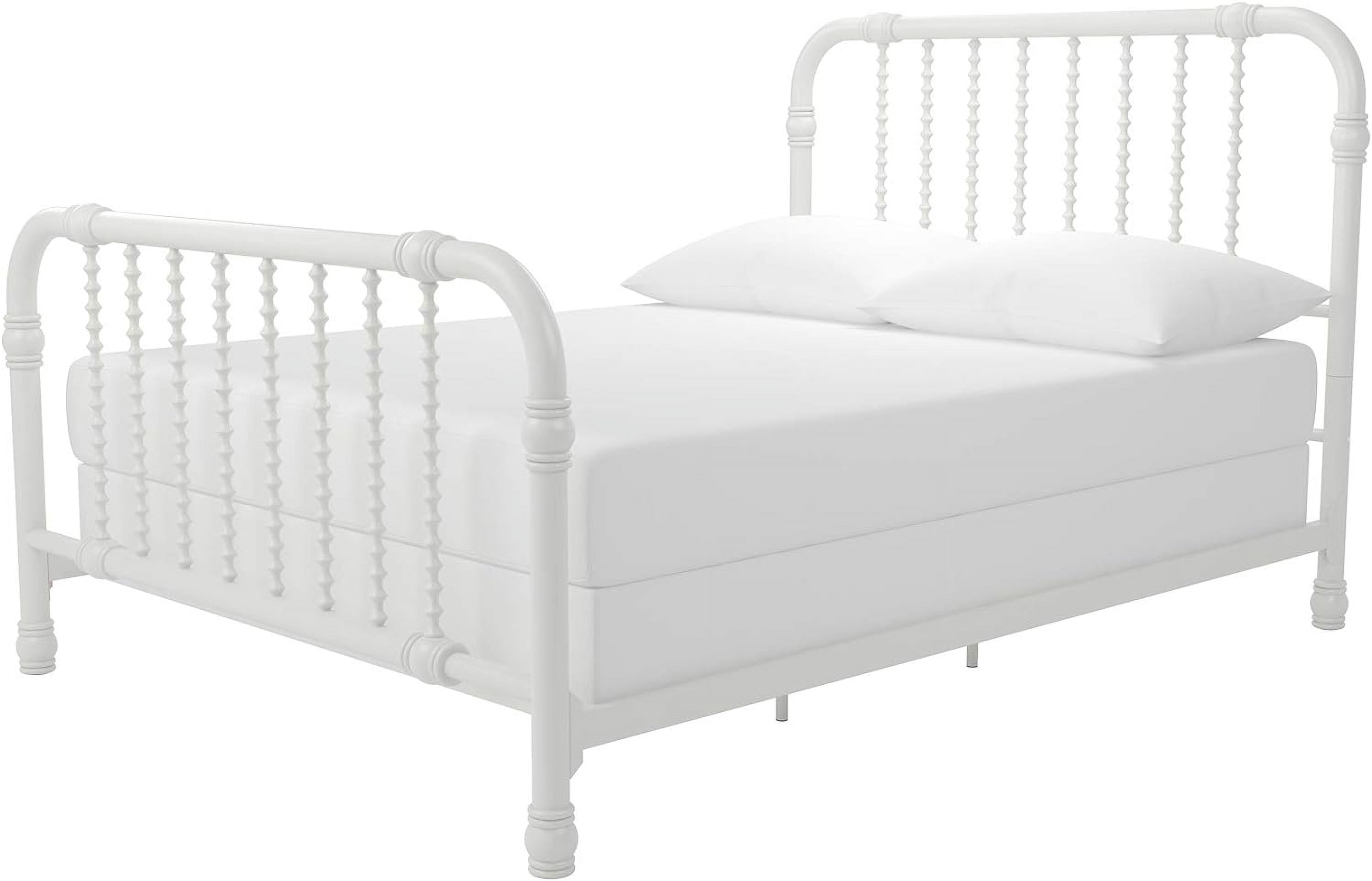 White Full Metal Bed Frame with Drawer and Scroll Design