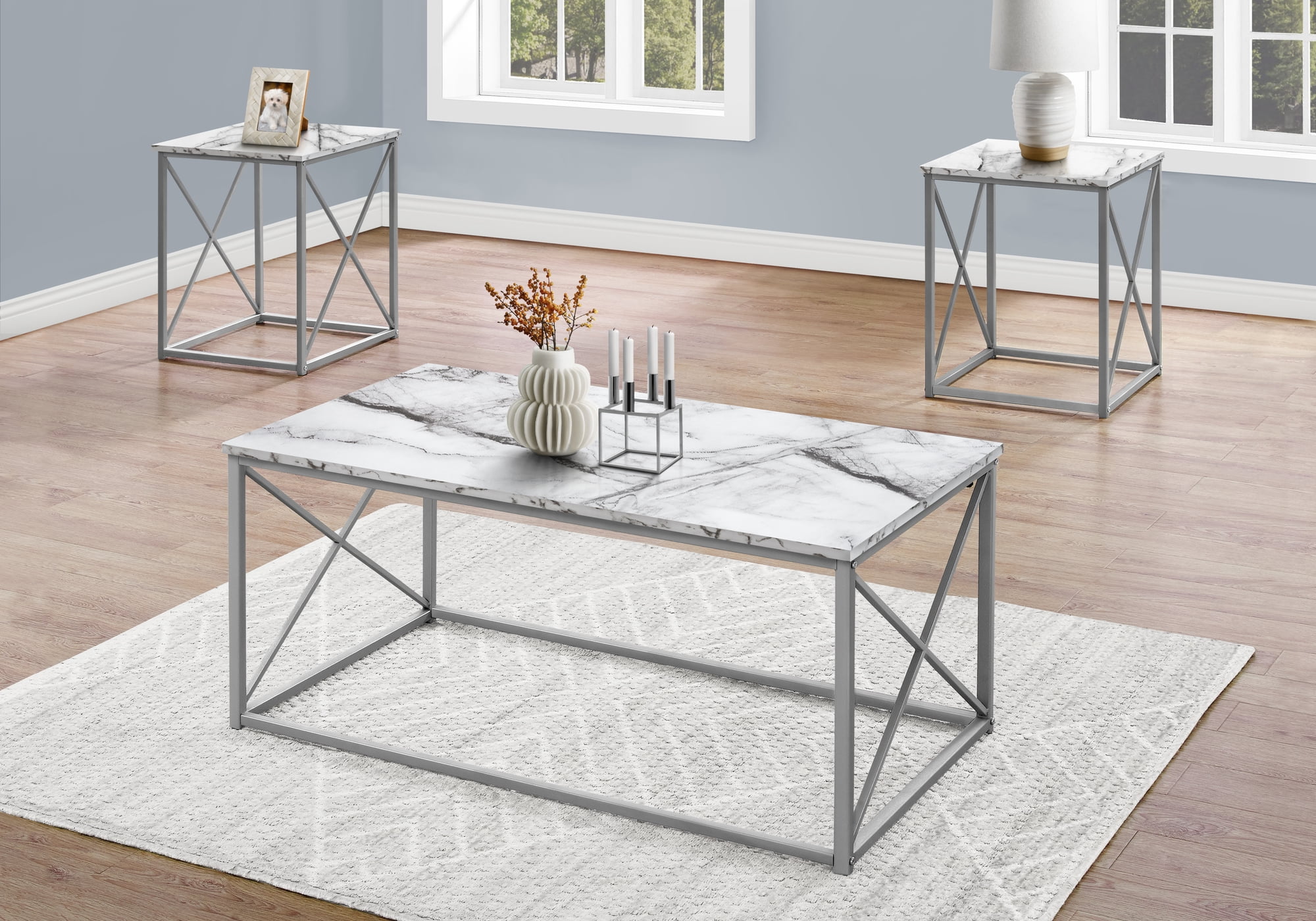 White Marble and Silver Metal 3-Piece Coffee and End Table Set