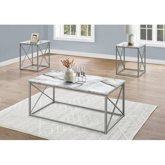 Monarch Modern End Side Accent Faux Marble 3 Pieces Coffee Table Set, White