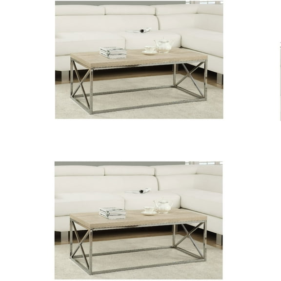 Monarch Natural Wood-Look Finish Chrome Metal Contemporary Coffee Table (2 Pack)