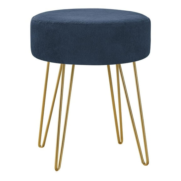 Monarch Ottoman, Pouf, Footrest, Foot Stool, 14 Round, Blue Fabric, Gold