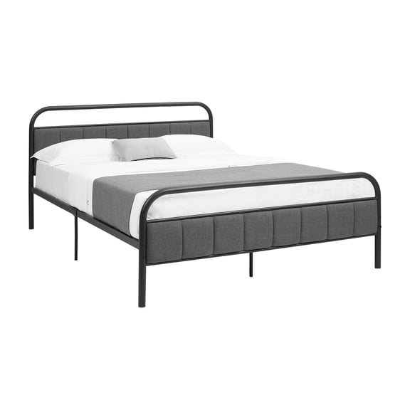Bed - Queen Size - Upholstered - Platform Bed - Gray Linen Look - Black Metal