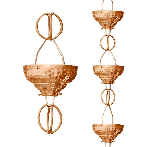 Rain Chains 29027 Pure Copper Eastern Hammered Cup Rain Chain, 8-1/2 Feet Length Replacement Downspout for Gutters