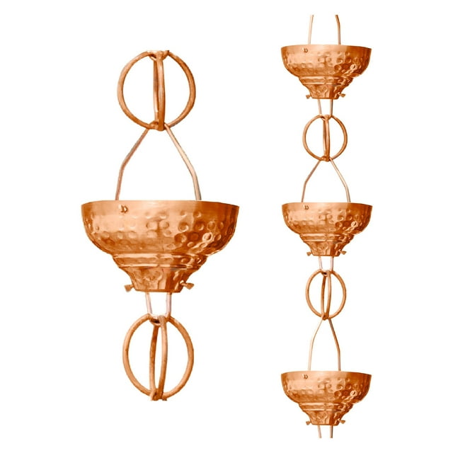Monarch Rain Chains Pure Copper Eastern Hammered Cup Rain Chain Replacement Downspout for Gutters, 8-1/2 Feet Length