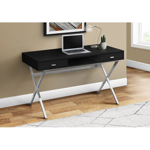 Laptop Table with Drawers and Open Shelf Computer, Writing Desk, Metal Sturdy Legs, 48" L, Black