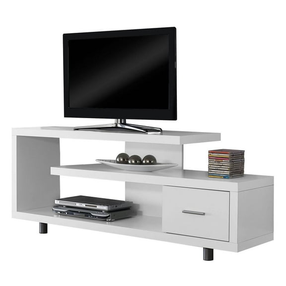 Monarch Specialties 60" Modern Art Deco Entertainment TV Stand w/ Drawer, White