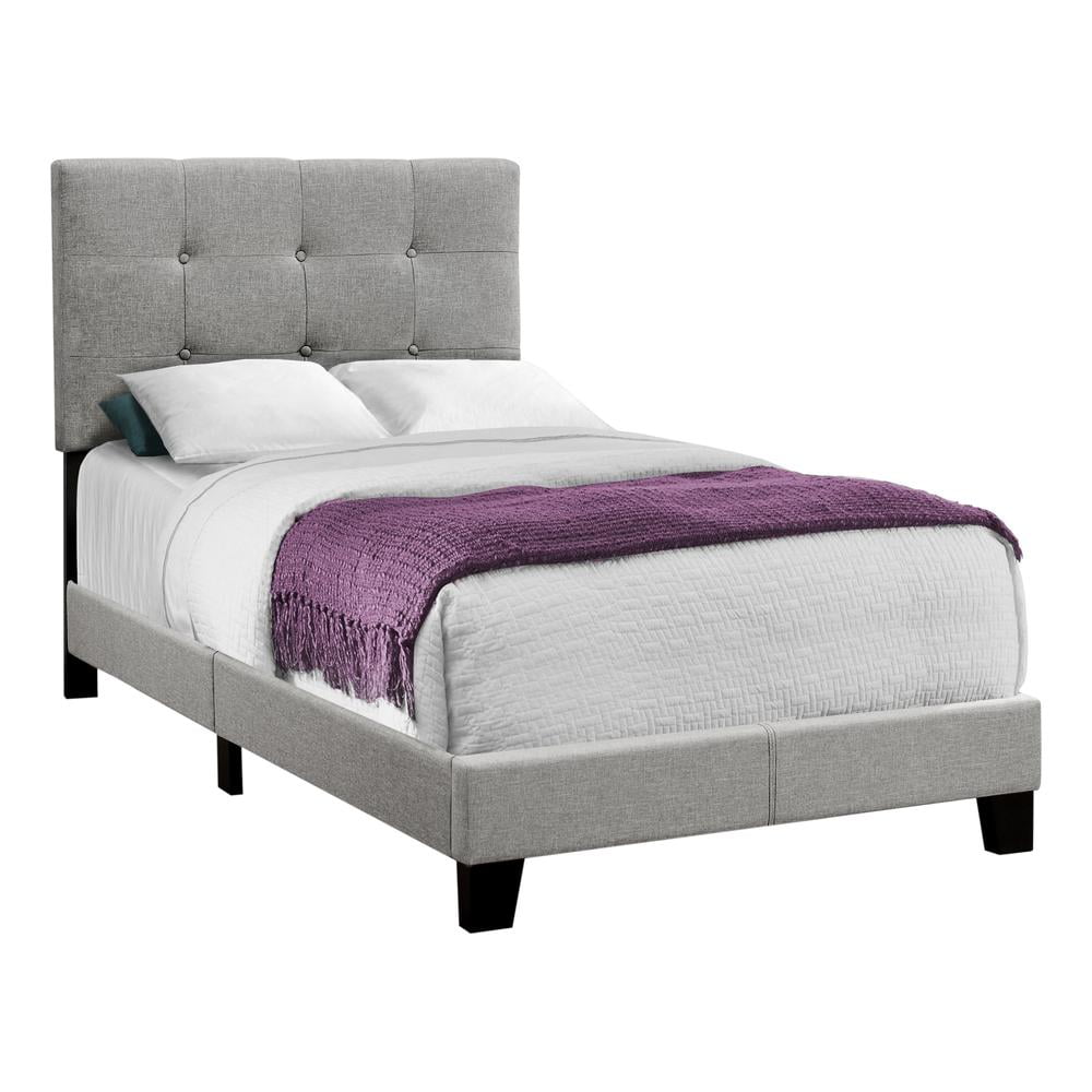 Gray Linen Upholstered Twin Bed with Tufted Headboard