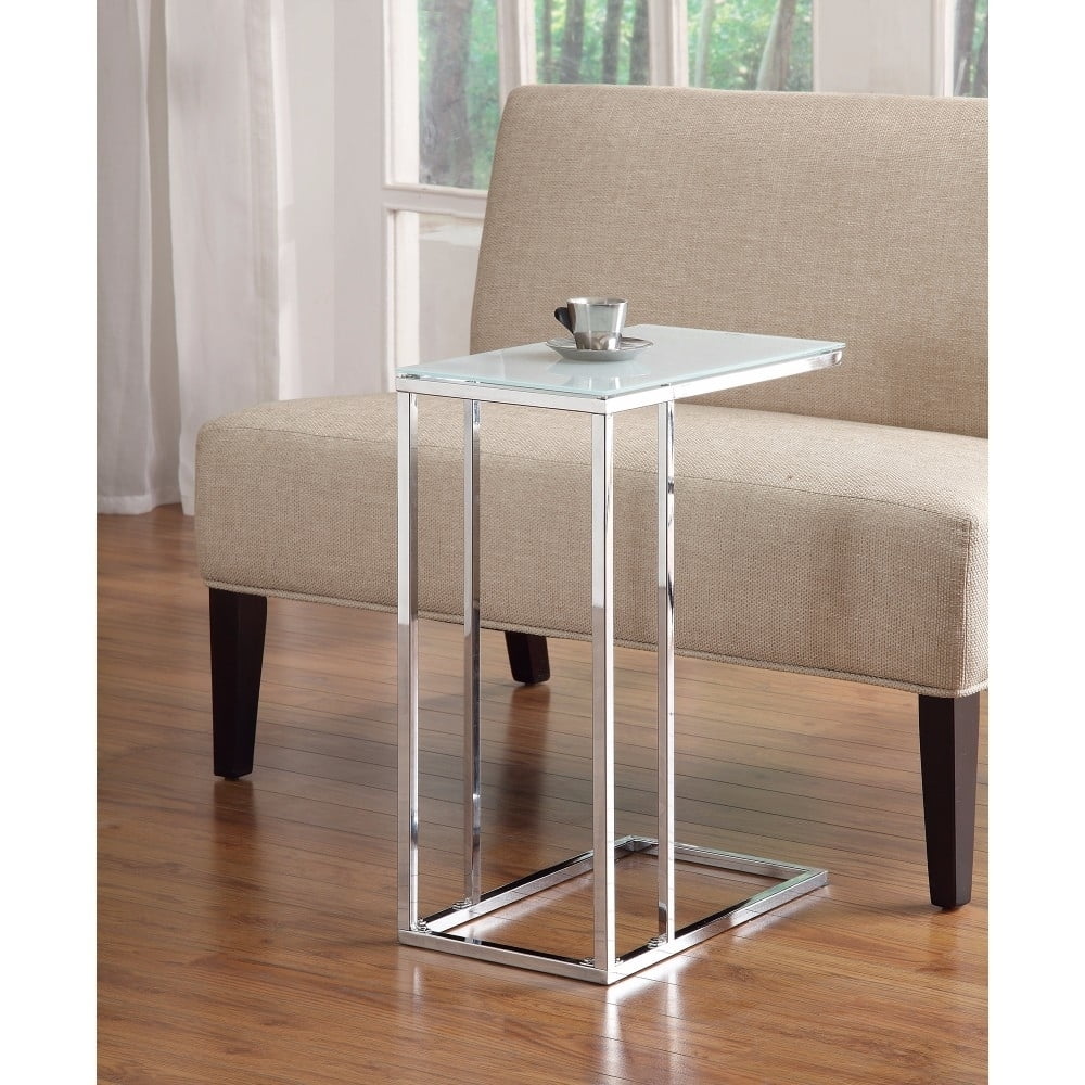 Sleek Chrome Metal & Frosted Glass C-Shaped Snack Table