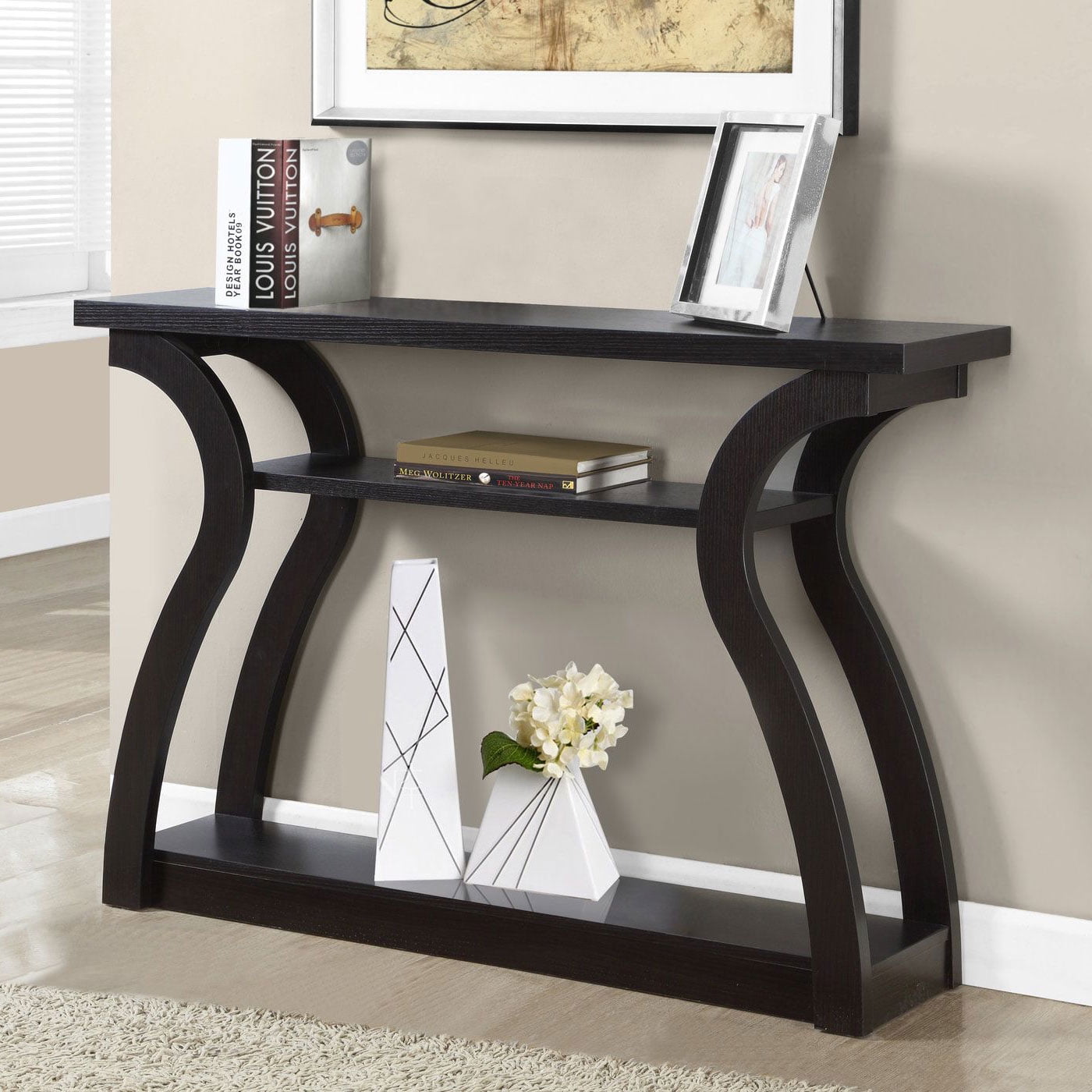 Curvilinear Cappuccino 47" Wooden Console with 3-Tier Storage