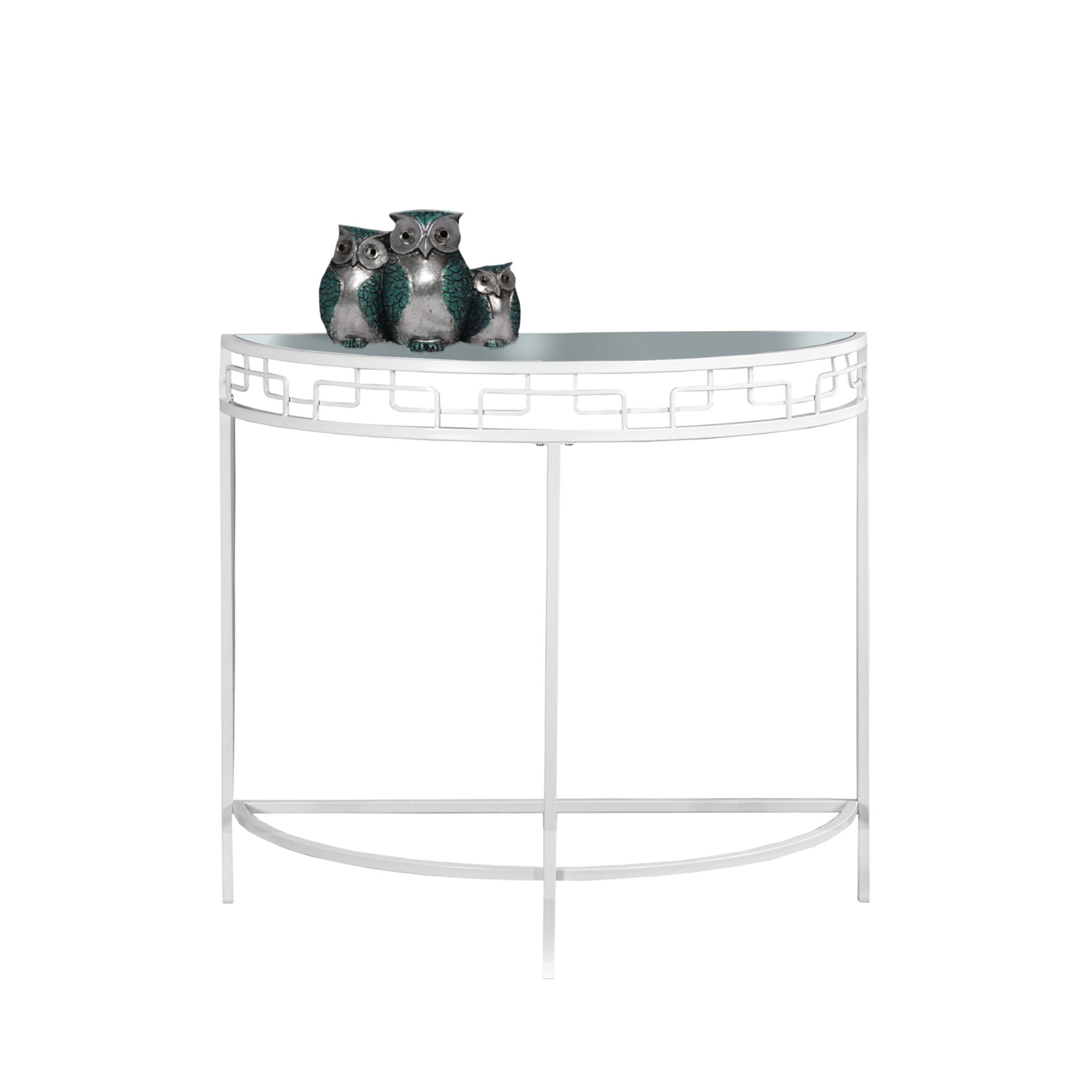 Contemporary White Metal & Clear Glass Demilune Console Table with Storage