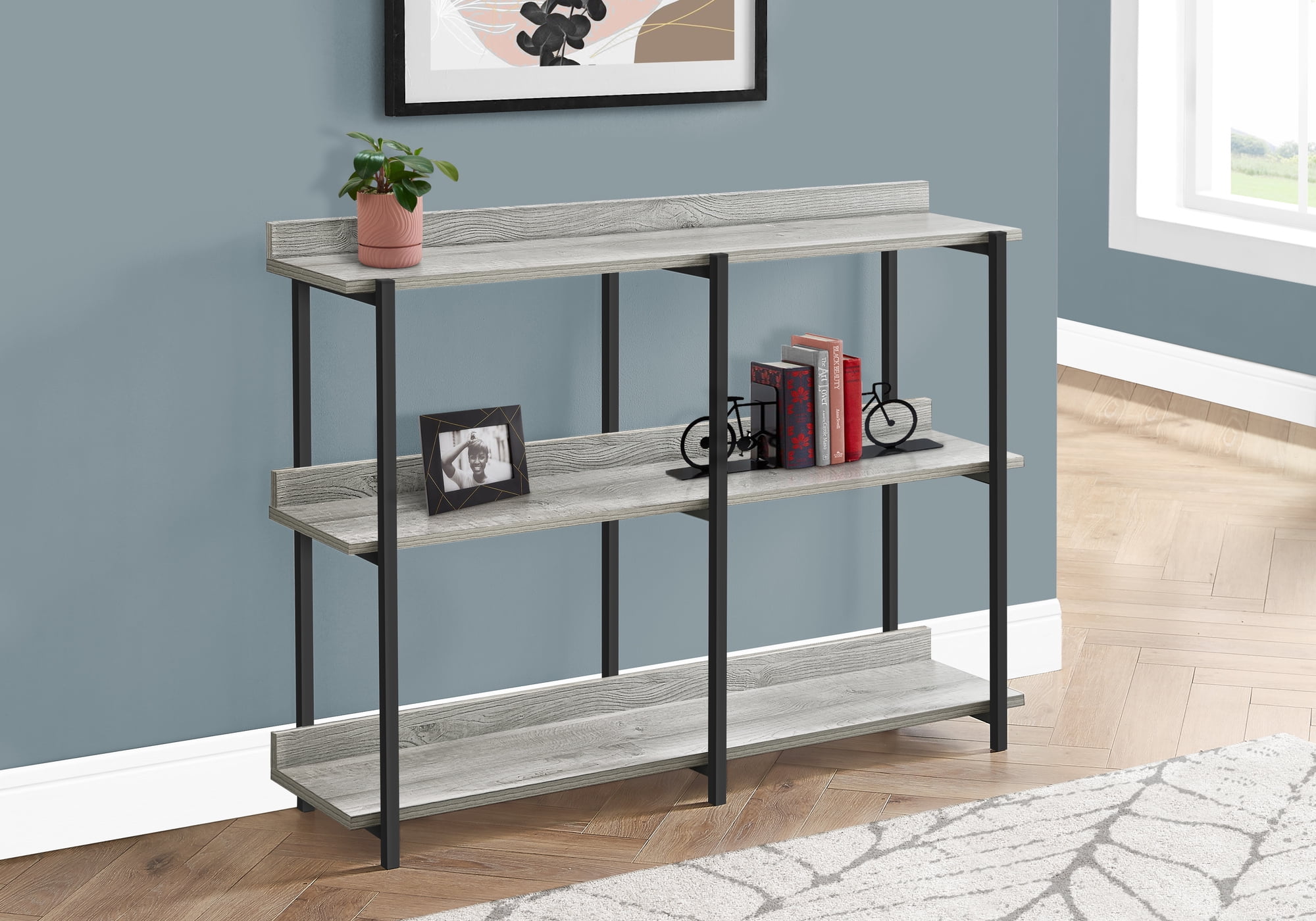 Gray Laminate and Black Metal Rectangular Console Table with Storage