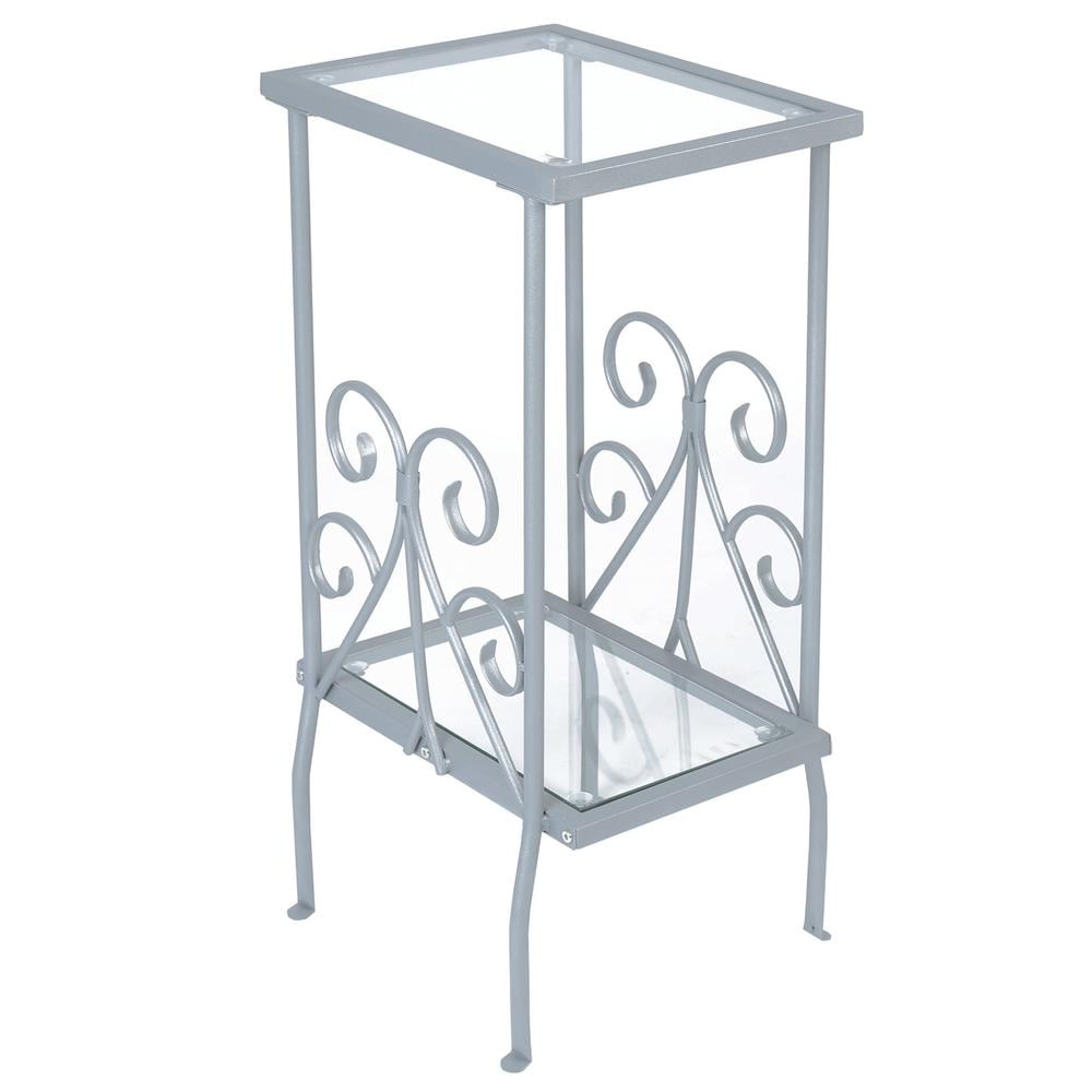 Gray Metal and Glass Scrollwork Accent Table
