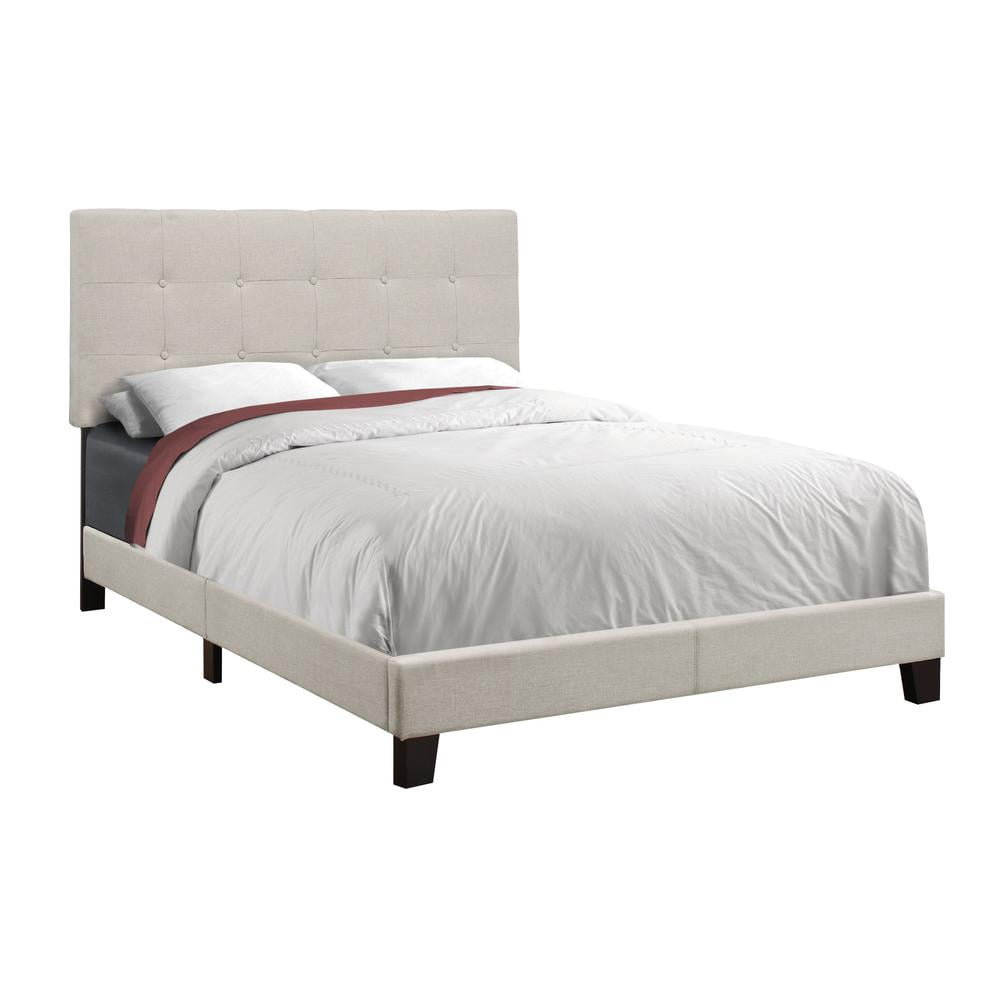 Full Size Beige Linen Upholstered Bed with Tufted Headboard