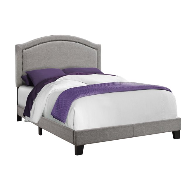 Monarch Specialties Bed Full Size, Grey Linen With Chrome Trim