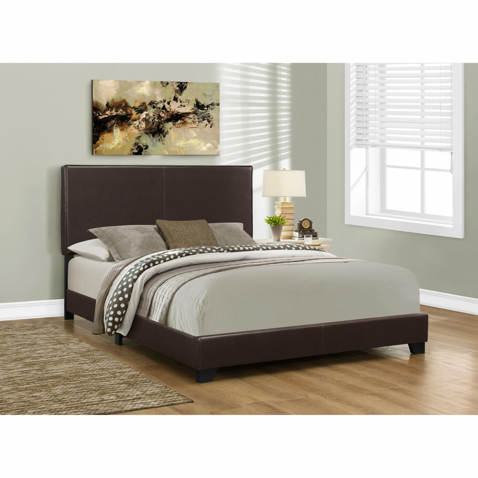 Transitional Queen Bed with Nailhead Trim in Dark Brown Leather