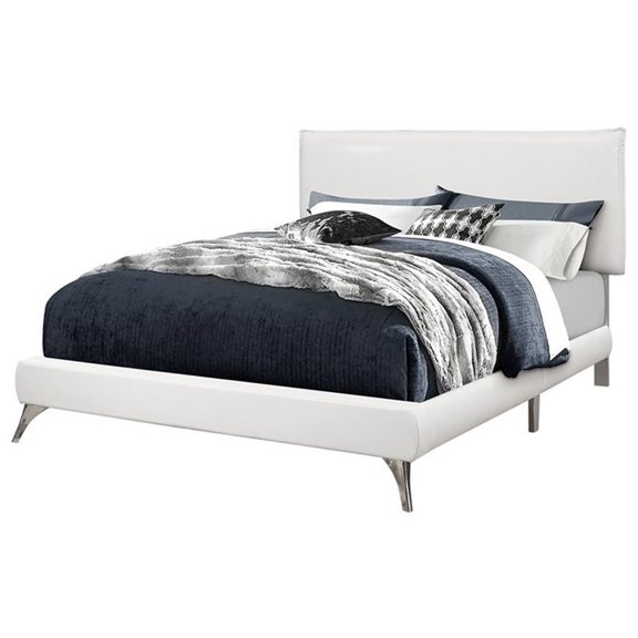 BED - QUEEN SIZE / WHITE LEATHER-LOOK WITH CHROME LEGS