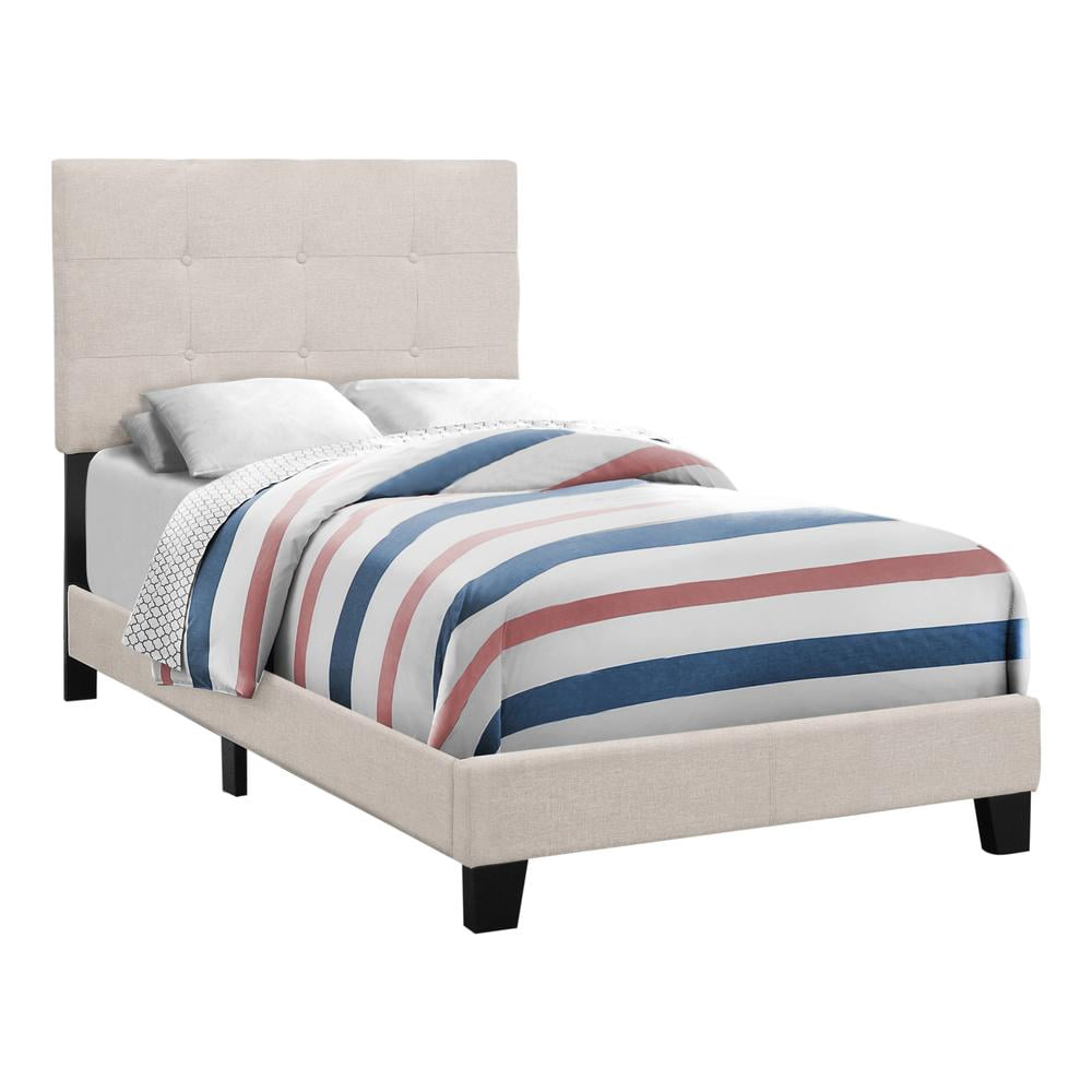 Beige Linen Twin Upholstered Bed with Tufted Headboard