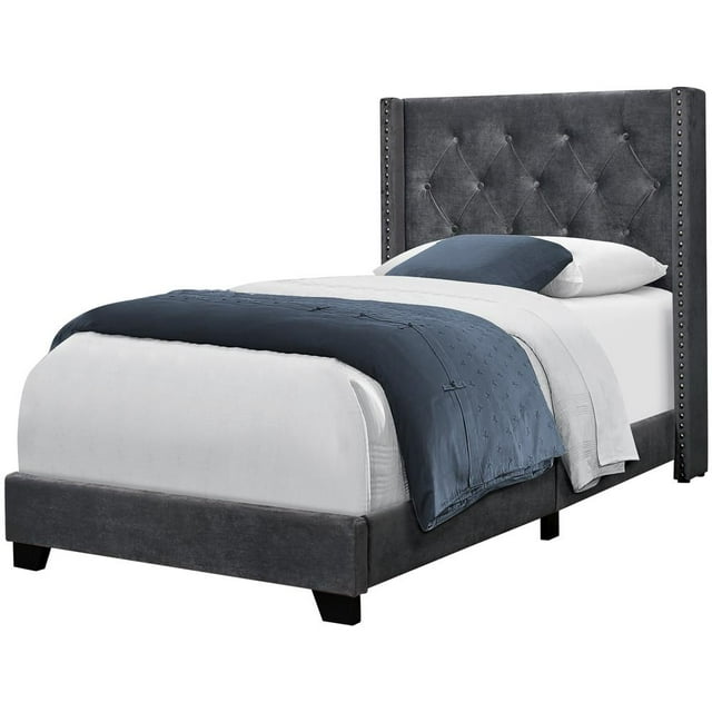 Monarch Specialties Bed - Twin Size/Dark Grey Velvet with Chrome Trim
