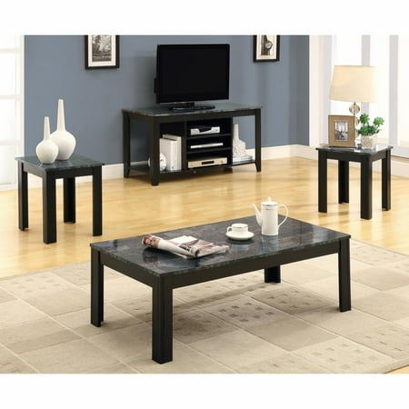 Monarch Specialties Black 3 Piece Coffee Table Set with Gray Faux Marble Top
