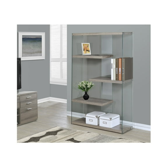 Monarch Specialties Bookcase 60"H, Dark Taupe With Tempered Glass