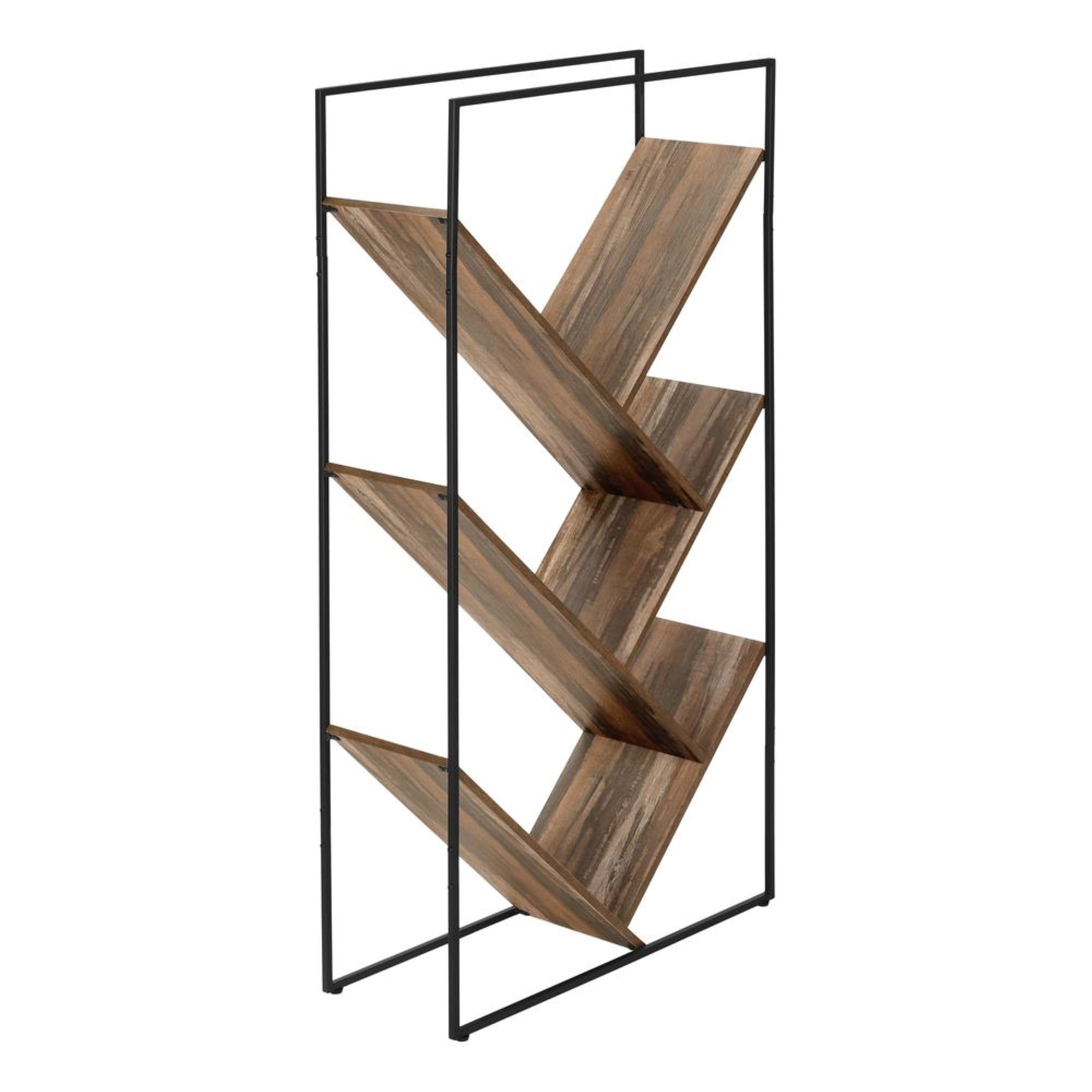 Brown Reclaimed Wood-Look 5-Tier Bookshelf with Black Metal Frame