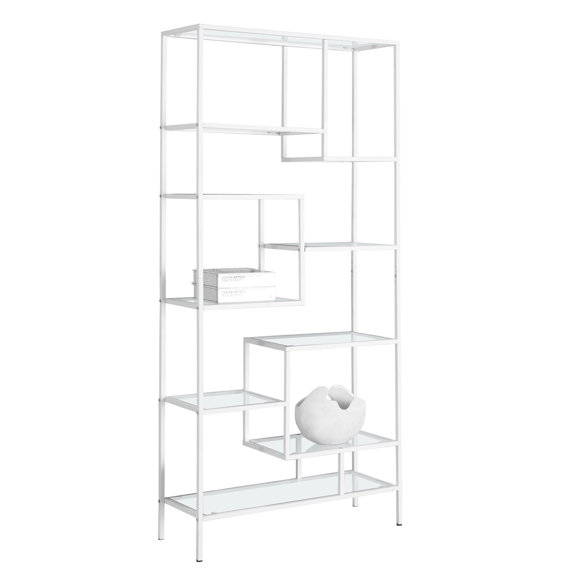 Monarch 72" White Metal and Glass Asymmetrical Bookcase