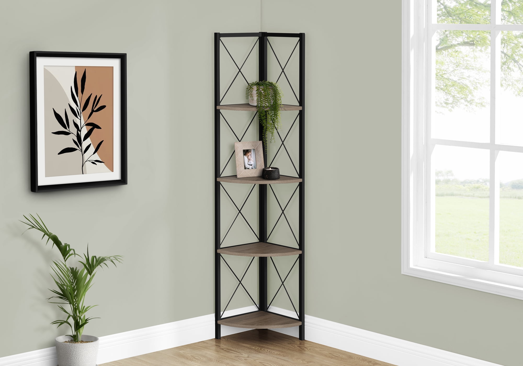 Dark Taupe and Black 4-Tier Corner Etagere Bookcase