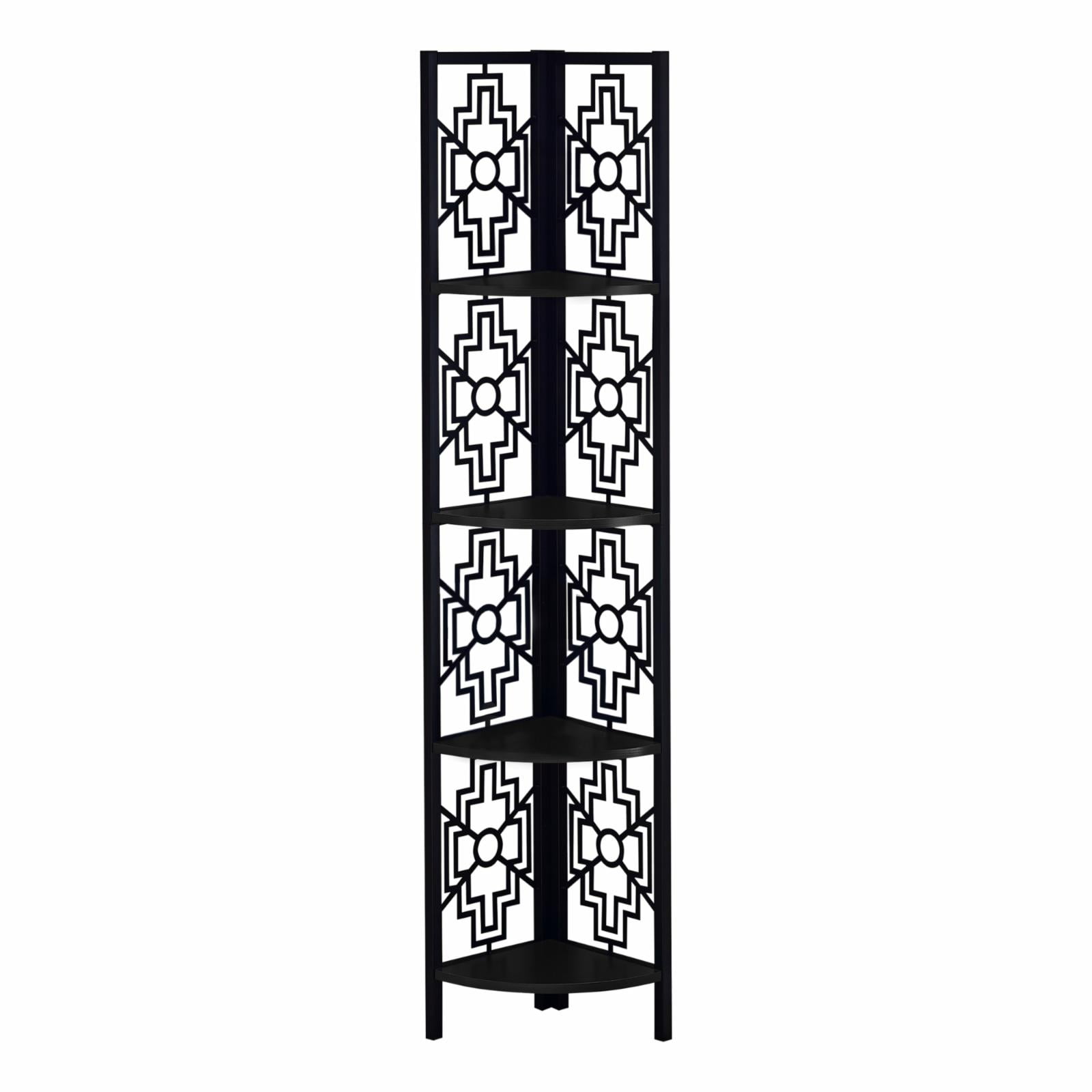 Black Metal and Wood Corner Etagere Bookcase with Geometric Design