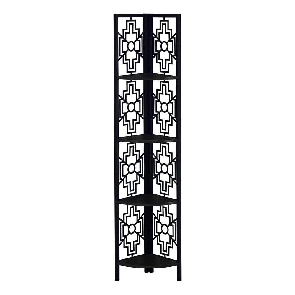 Black Metal and Wood Corner Etagere Bookcase with Geometric Design