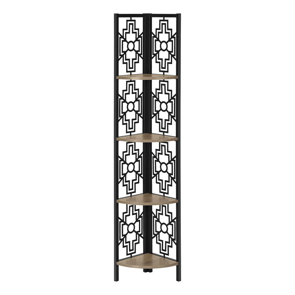 Transitional Corner Etagere Bookcase with Black Metal Frame and Brown Shelves