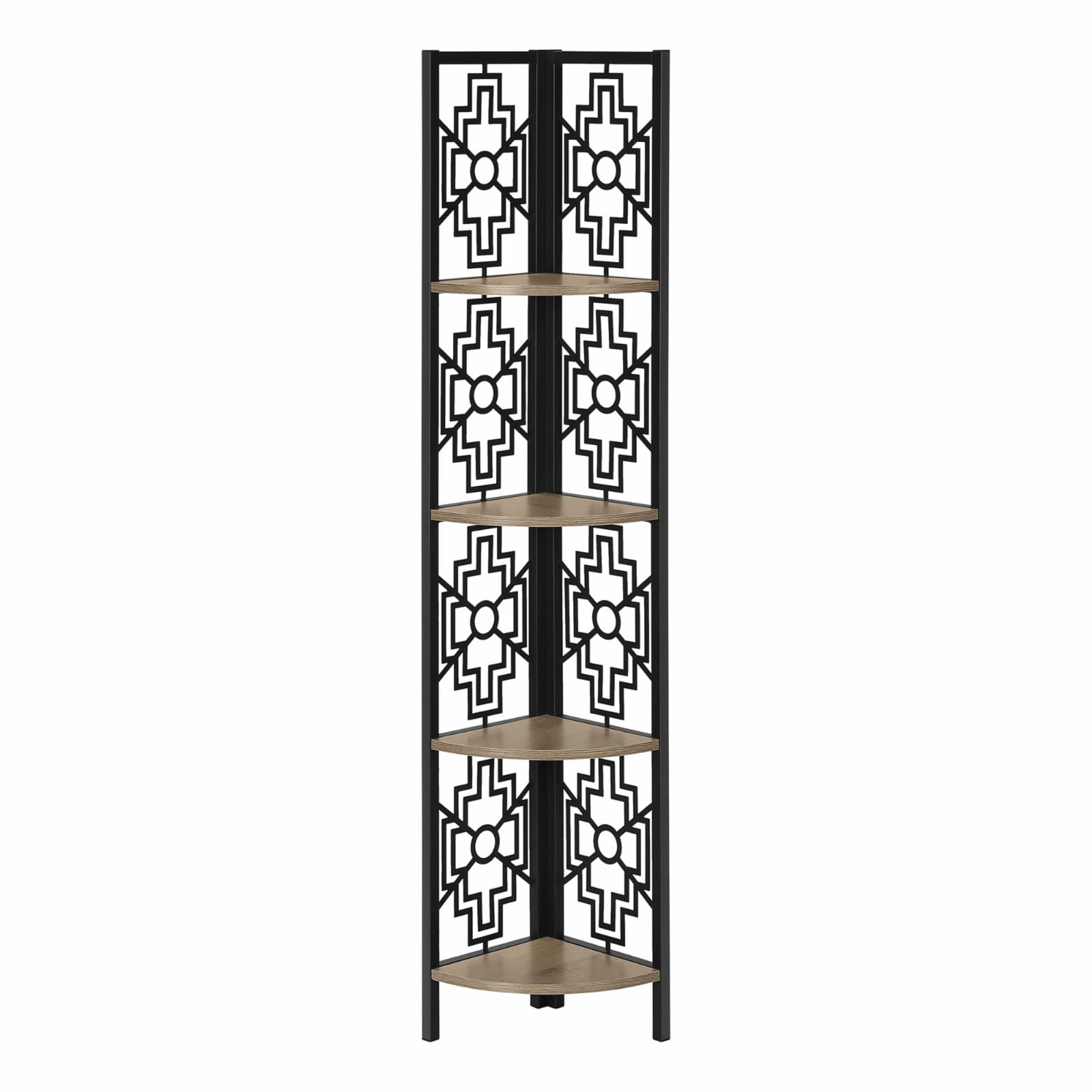 Transitional Corner Etagere Bookcase with Black Metal Frame and Brown Shelves