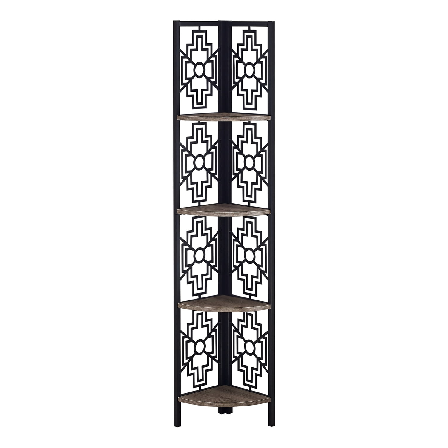 Transitional Corner Etagere Bookcase with Black Metal Frame and Brown Shelves