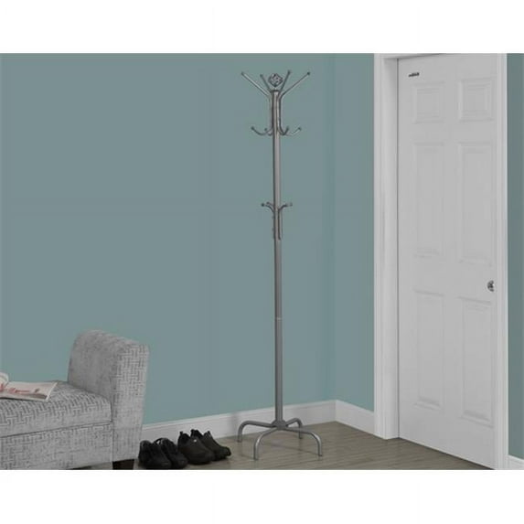 Monarch Specialties Coat Rack, Hall Tree, 12 Hooks, Entryway, 70"H, Bedroom, Grey Metal