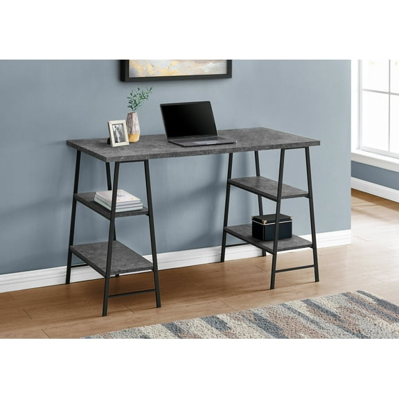 Monarch Specialties Computer Desk, 3 Tiers, 4 Open Shelves, Sawhorse Style, 48"L Stone-Look Metal