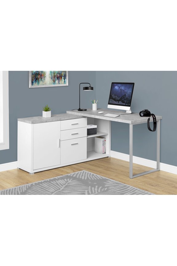 Computer Desk, Corner, 60"L, Work, Laptop, White And Grey Cement-look Laminate