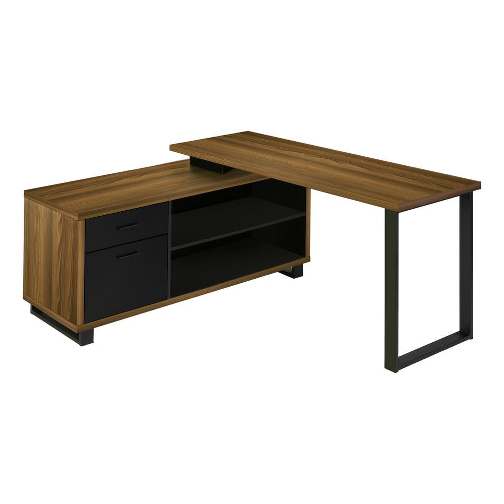 Walnut and Black L-Shaped Executive Corner Desk with Storage Drawers