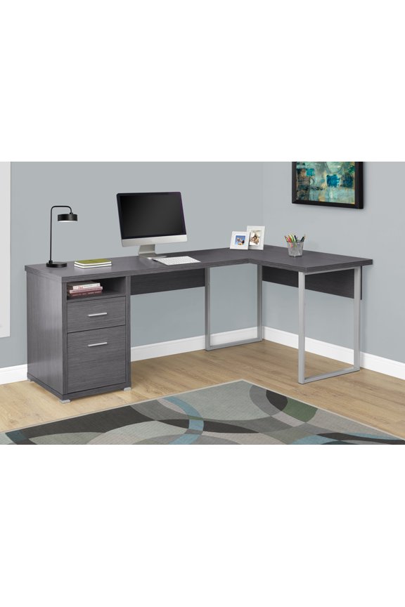 Computer Desk - L-Shaped / Corner / 2 Drawers / 1 Cubby / Metal Legs / Reversible - 79"L X 47"W - Grey / Silver