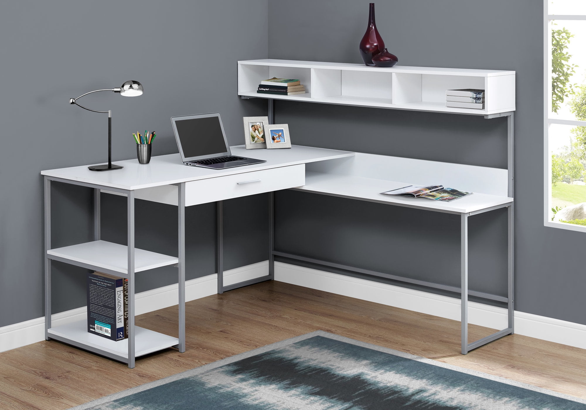Contemporary White & Silver L-Shaped Computer Desk with Hutch and Drawer
