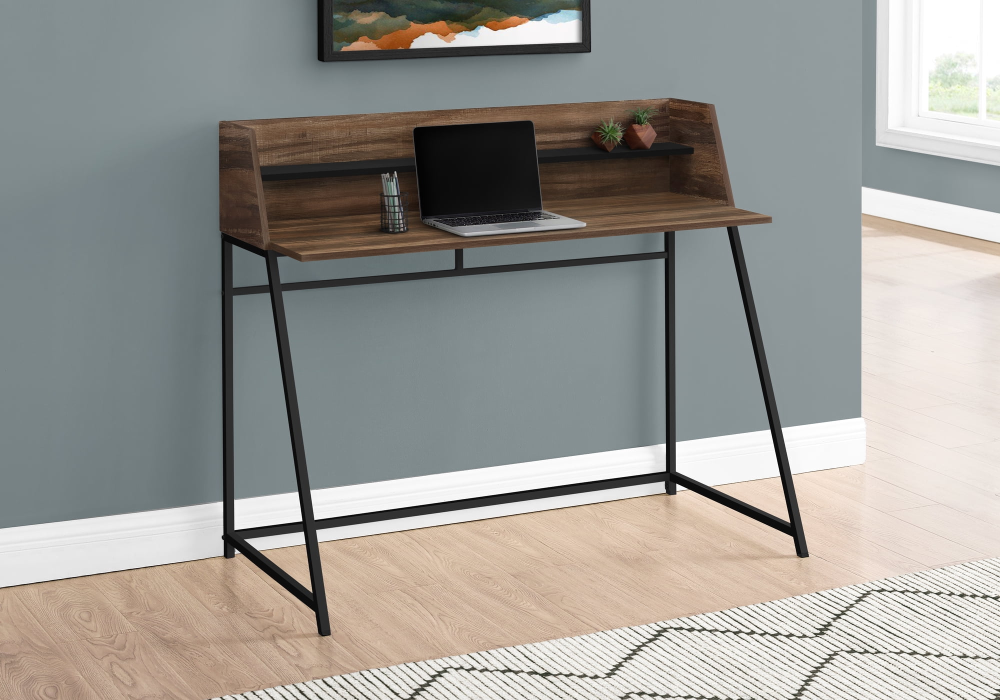 Trapezoid Metal Leg Desk with Hutch in Brown Laminate and Black