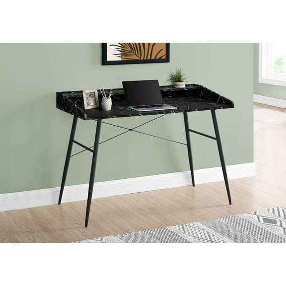 Monarch Specialties Computer Desk, Small Hutch, 2 Storage Cubbies, 1 Shelf, 48"L, Black Marble-Look