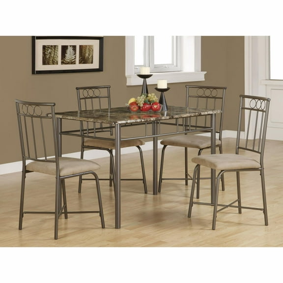 Monarch Specialties Dining Set 5-Pieces Set, Cappuccino Marble, Bronze Metal