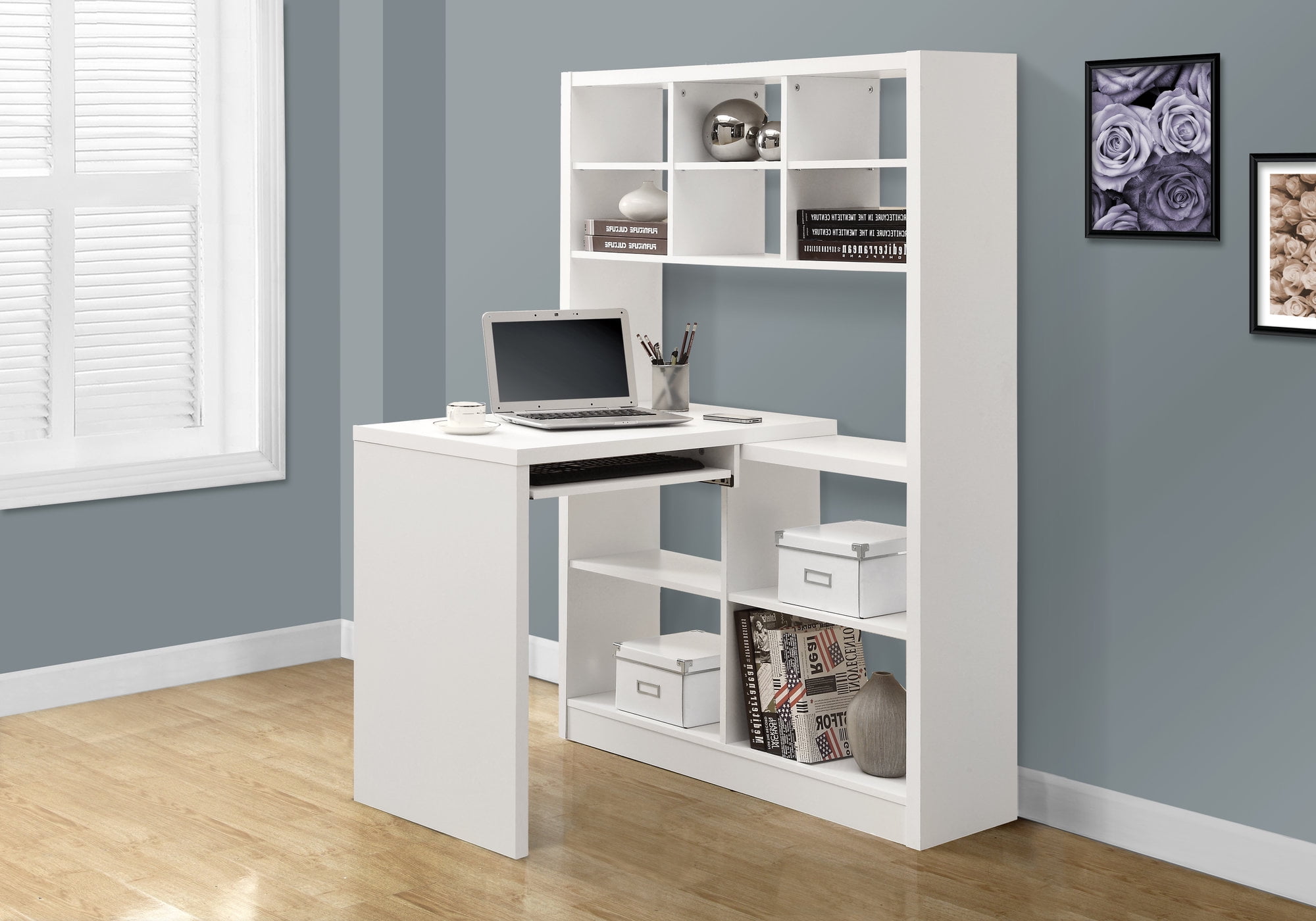 Transitional White Corner Home Office Desk with Keyboard Tray and Shelving