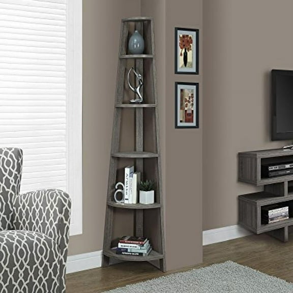 Monarch Specialties I 2497, Corner Bookcase, Dark Taupe Reclaimed-Look, 72" H