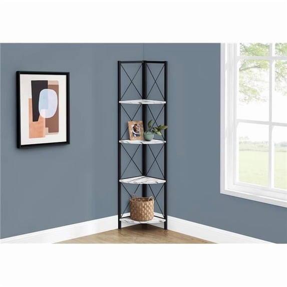 Monarch Specialties I 3651 60 in. Bookcase with Metal Corner, White Marble & Black