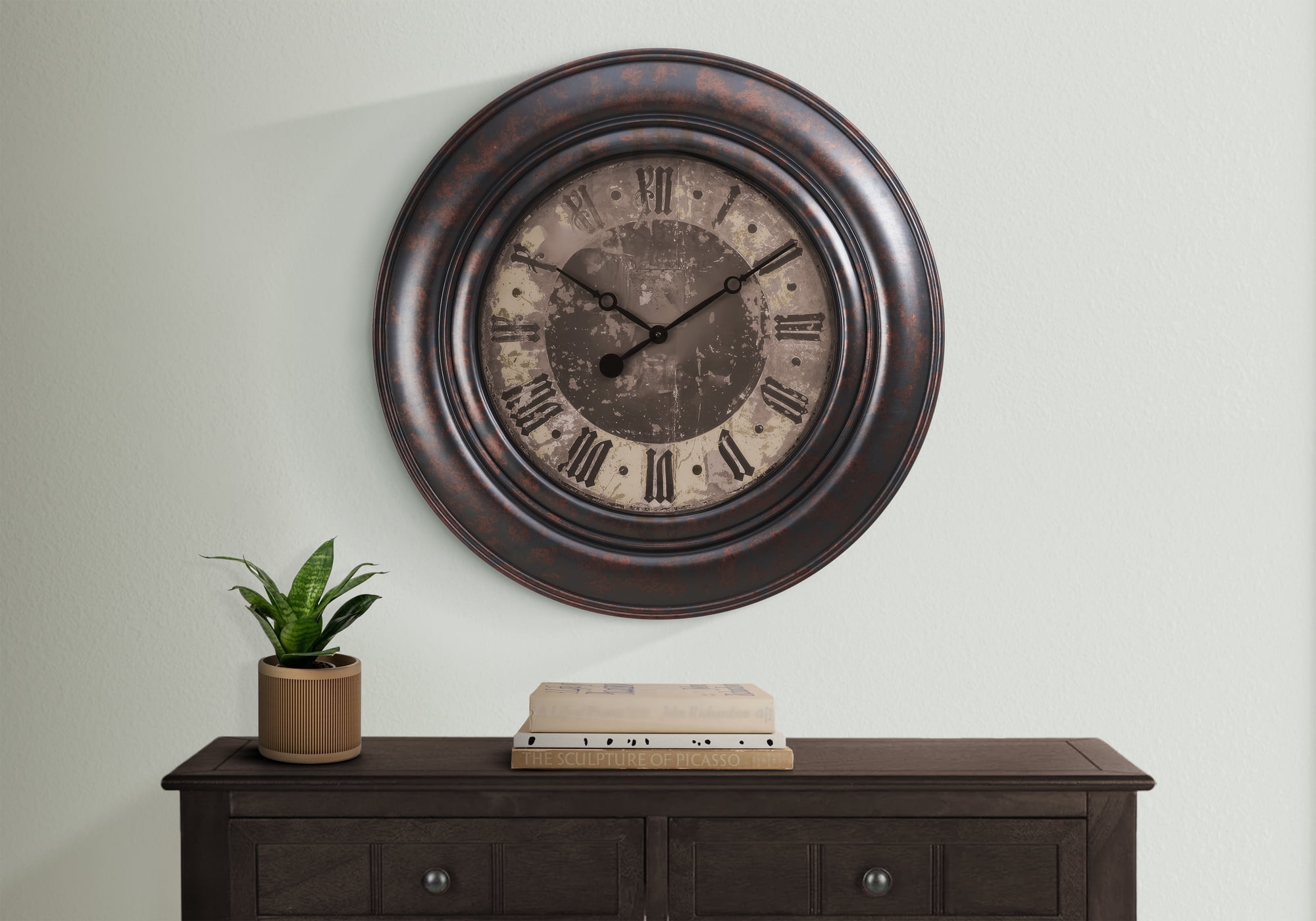 Oversized Rustic Brown Plastic Round Wall Clock with Roman Numerals