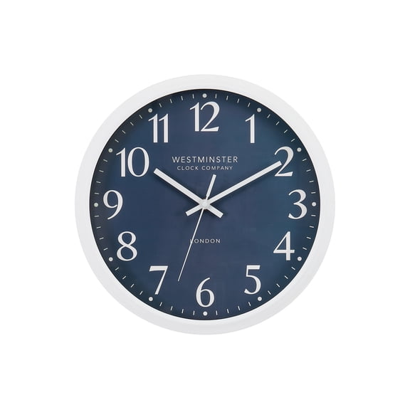 Clocks - 12" Round - Wall Clock - Blue Face - White Plastic Frame - Contemporary
